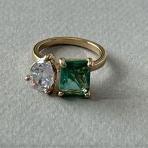 Anthropologie Gold Ring with Green and Clear Stones